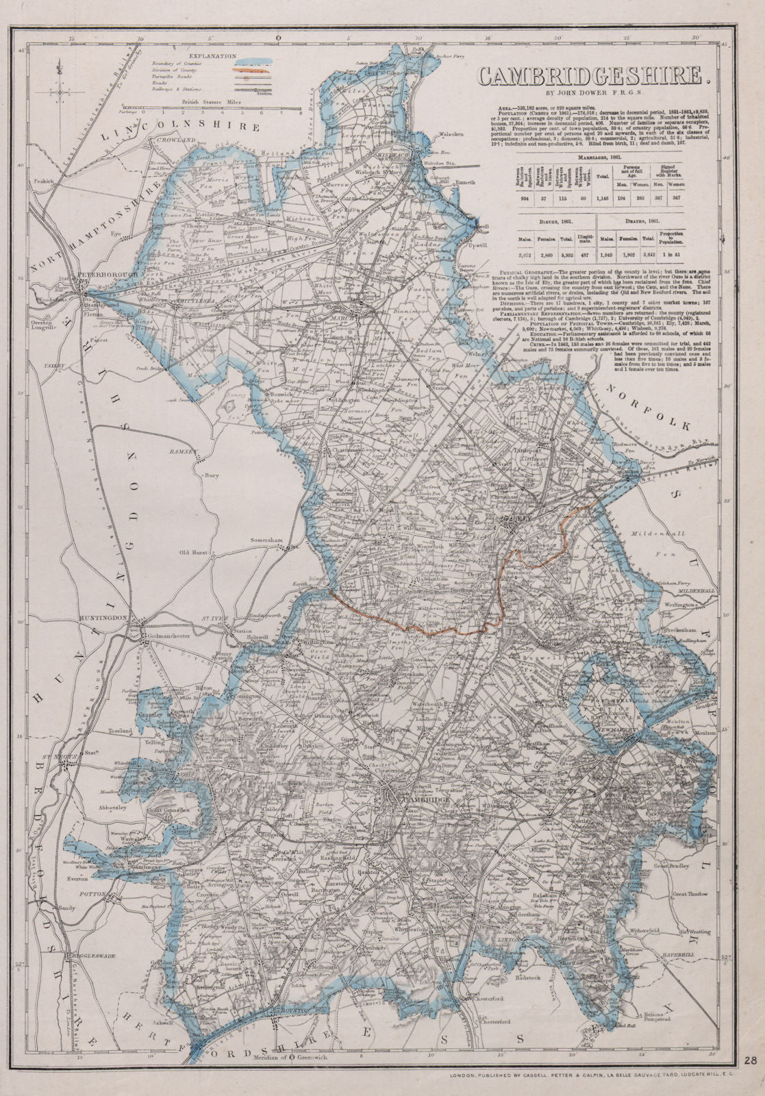 CAMBRIDGESHIRE. Antique county map. Railways turnpike roads. DOWER 1868